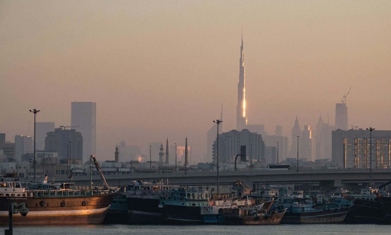 Dubai skyline with Burj Khalifa at sunset